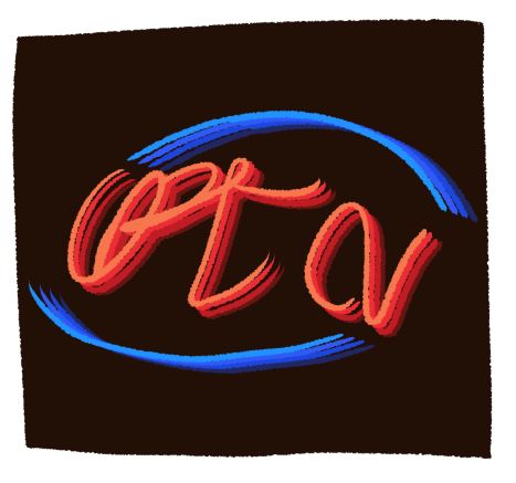 a drawing of a neon sign on a black background. it looks like an open sign with scribbles instead of words. the scribbles are red and there are blue lines around it.